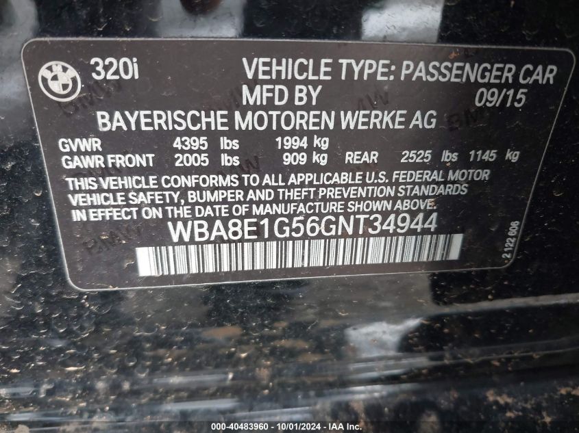 WBA8E1G56GNT34944 2016 BMW 320I