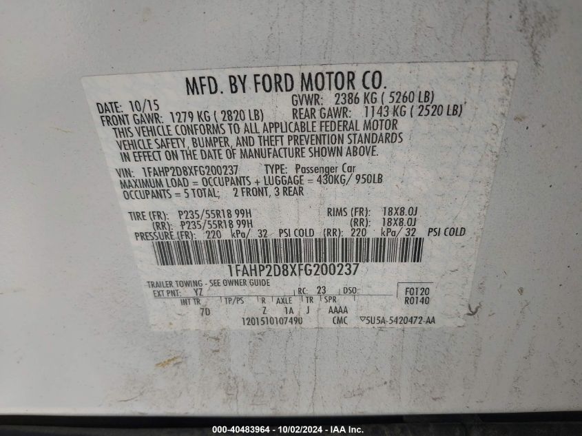 1FAHP2D8XFG200237 2015 Ford Taurus Se