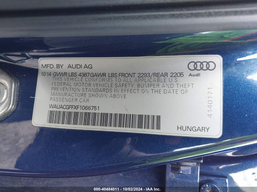 2015 Audi A3 Premium VIN: WAUACGFFXF1066751 Lot: 40484011