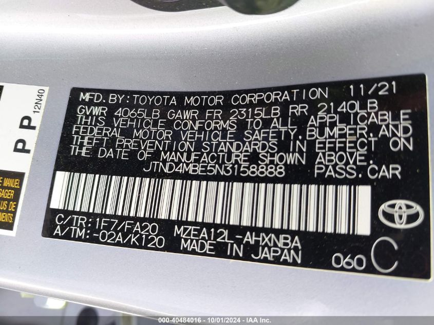 2022 Toyota Corolla Se VIN: JTND4MBE5N3158888 Lot: 40484016