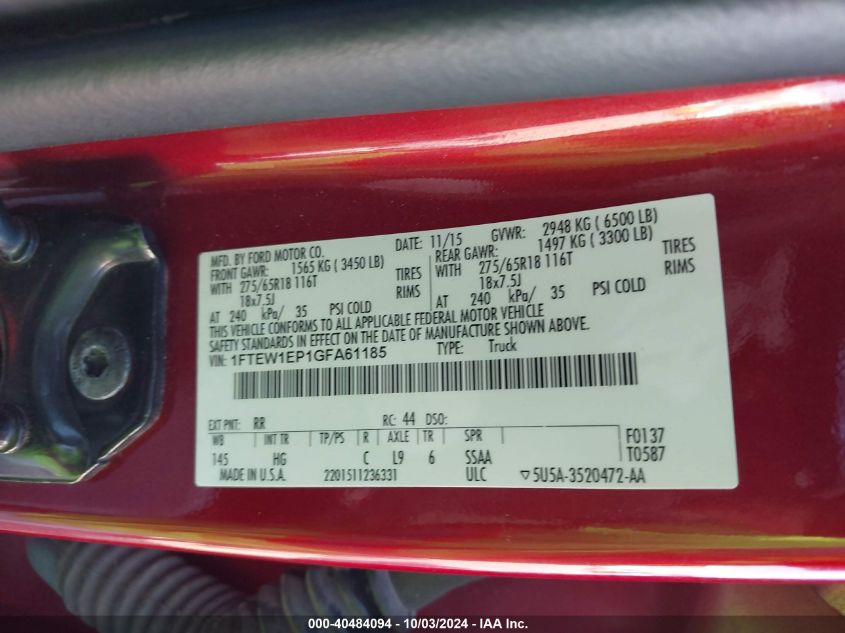 2016 Ford F-150 Lariat VIN: 1FTEW1EP1GFA61185 Lot: 40484094