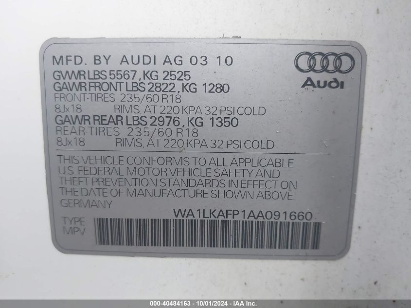 WA1LKAFP1AA091660 2010 Audi Q5 3.2 Premium