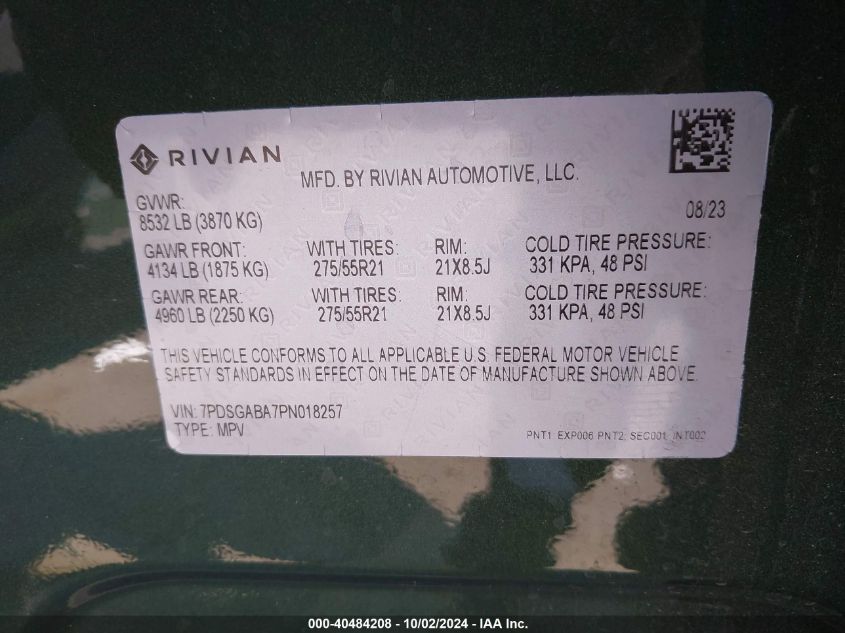 2023 Rivian R1S Adventure VIN: 7PDSGABA7PN018257 Lot: 40484208