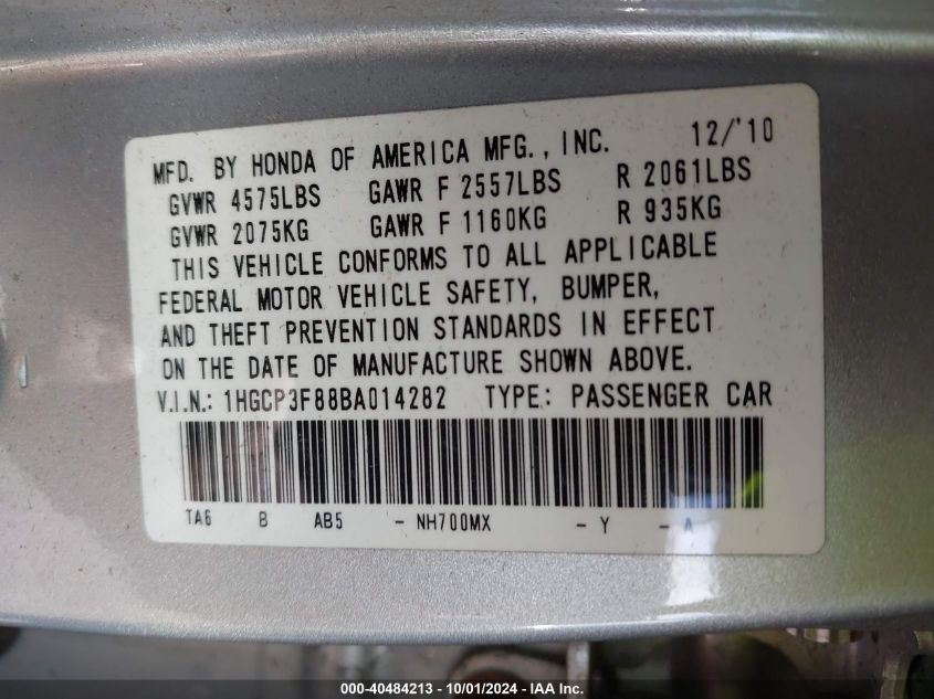 1HGCP3F88BA014282 2011 Honda Accord Exl