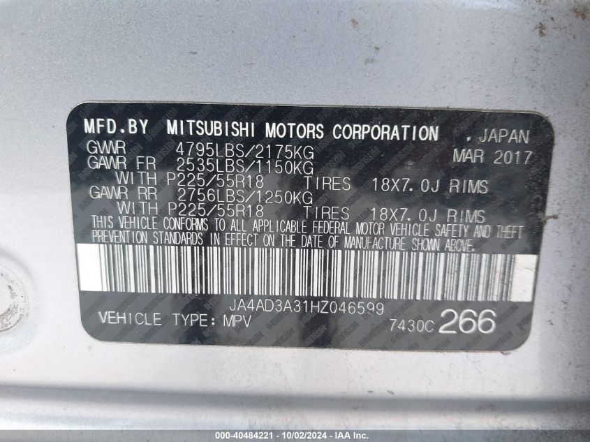 JA4AD3A31HZ046599 2017 Mitsubishi Outlander Se/Sel