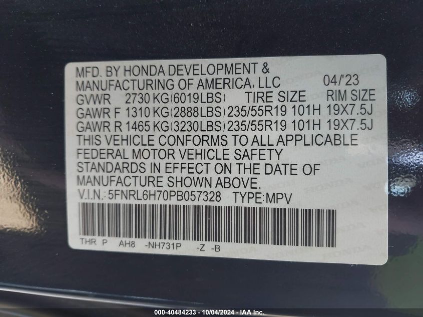 2023 Honda Odyssey Sport VIN: 5FNRL6H70PB057328 Lot: 40484233