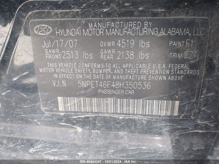 5NPET46F48H350536 2008 Hyundai Sonata Gls V6