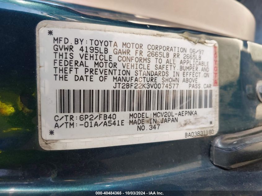 JT2BF22K3V0074577 1997 Toyota Camry Le V6