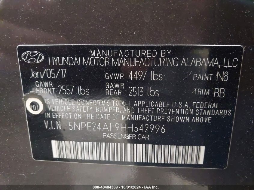 5NPE24AF9HH542996 2017 Hyundai Sonata