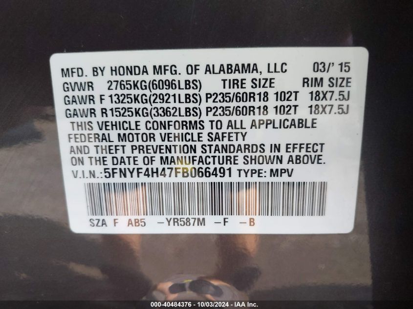 2015 Honda Pilot Ex VIN: 5FNYF4H47FB066491 Lot: 40484376