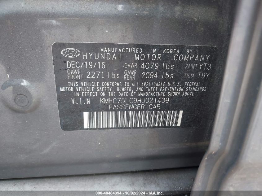 KMHC75LC9HU021439 2017 Hyundai Ioniq Hybrid Sel