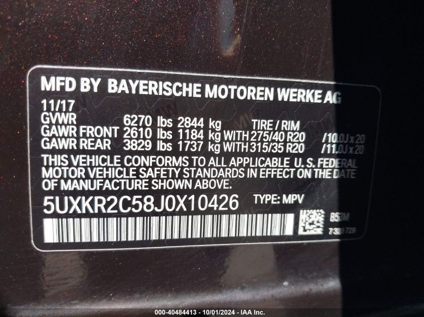 5UXKR2C58J0X10426 2018 BMW X5 Sdrive35I