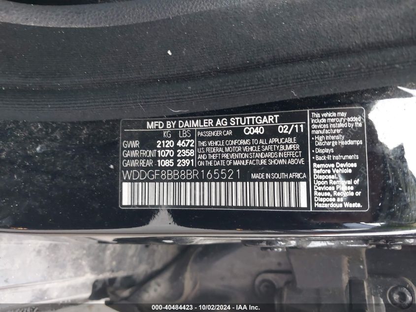 2011 MERCEDES-BENZ C 300 VIN: WDDGF8BB8BR165521