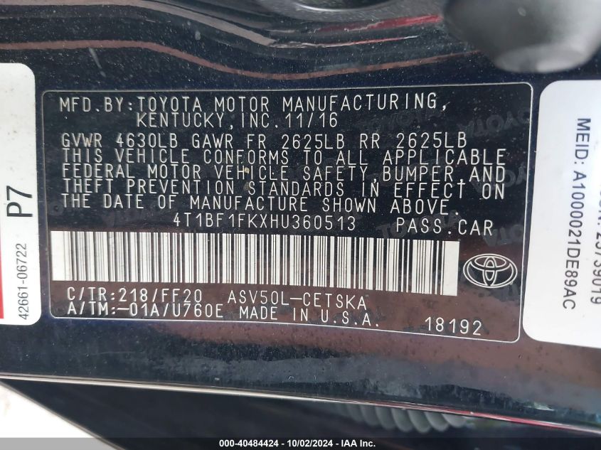 4T1BF1FKXHU360513 2017 Toyota Camry Se