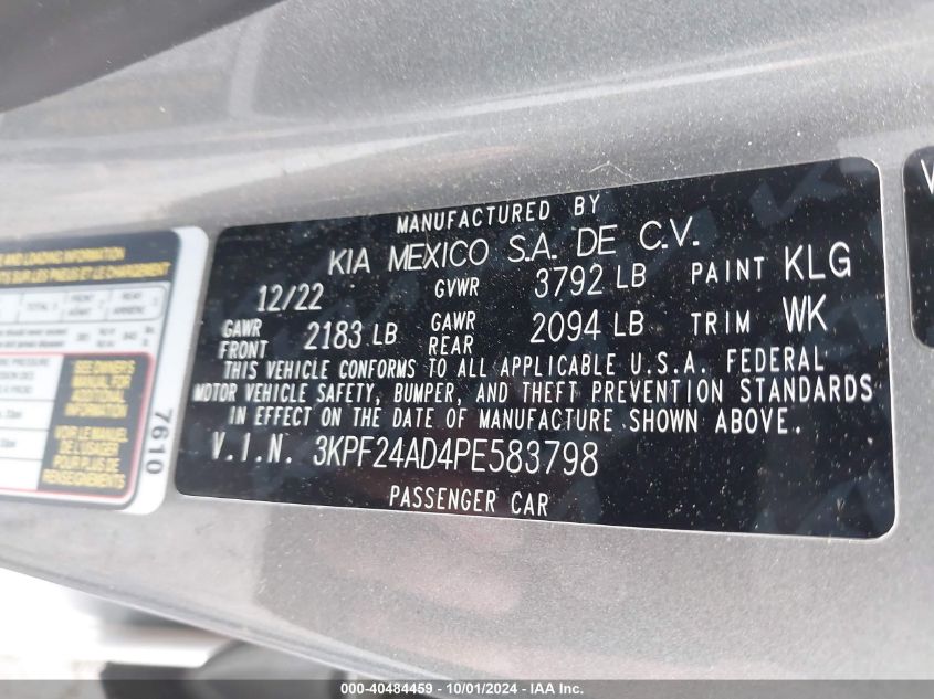 2023 Kia Forte Lxs VIN: 3KPF24AD4PE583798 Lot: 40484459