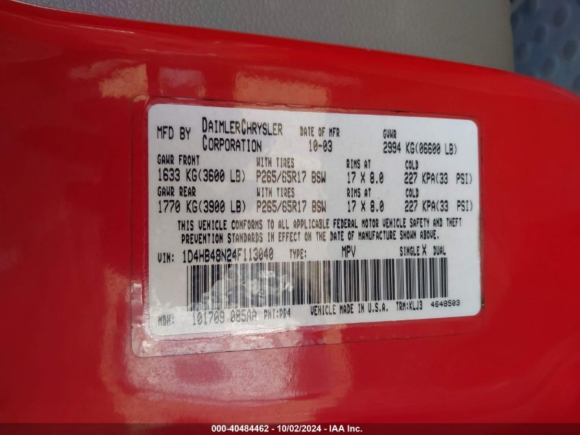 1D4HB48N24F113040 2004 Dodge Durango Slt