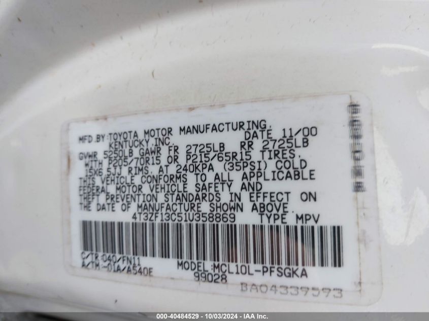 4T3ZF13C51U358869 2001 Toyota Sienna Le