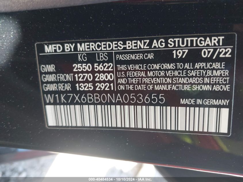 2022 Mercedes-Benz Amg Gt 53 4-Door Coupe VIN: W1K7X6BB0NA053655 Lot: 40484534