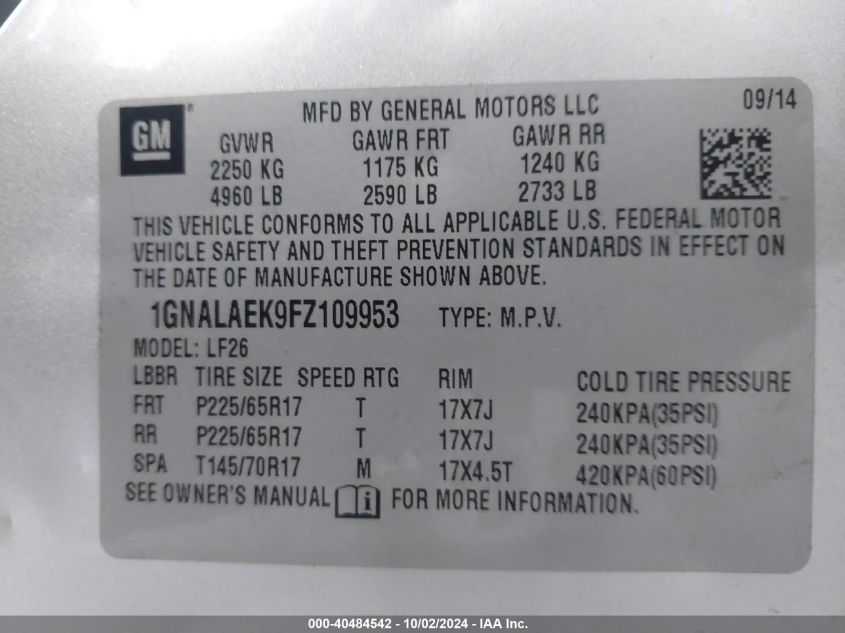 2015 Chevrolet Equinox Ls VIN: 1GNALAEK9FZ109953 Lot: 40484542