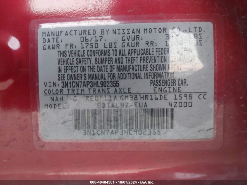 3N1CN7AP3HL902355 2017 Nissan Versa S/S Plus/Sv/Sl