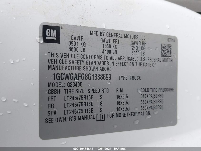 2016 Chevrolet Express 2500 Work Van VIN: 1GCWGAFG8G1338699 Lot: 40484648