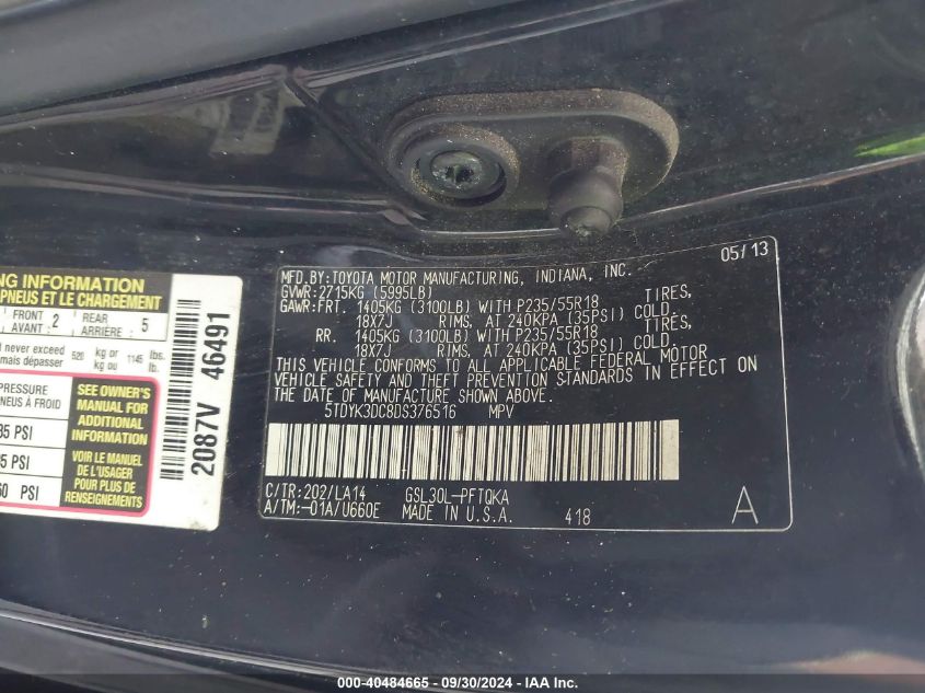 5TDYK3DC8DS376516 2013 Toyota Sienna Limited V6 7 Passenger