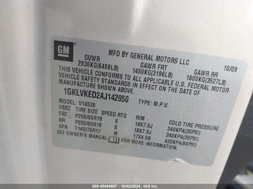 1GKLVKED2AJ142050 2010 GMC Acadia Sl