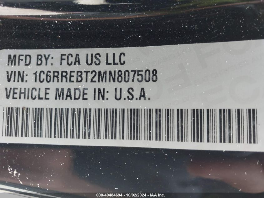 2021 Ram 1500 Big Horn 4X2 6'4 Box VIN: 1C6RREBT2MN807508 Lot: 40484694