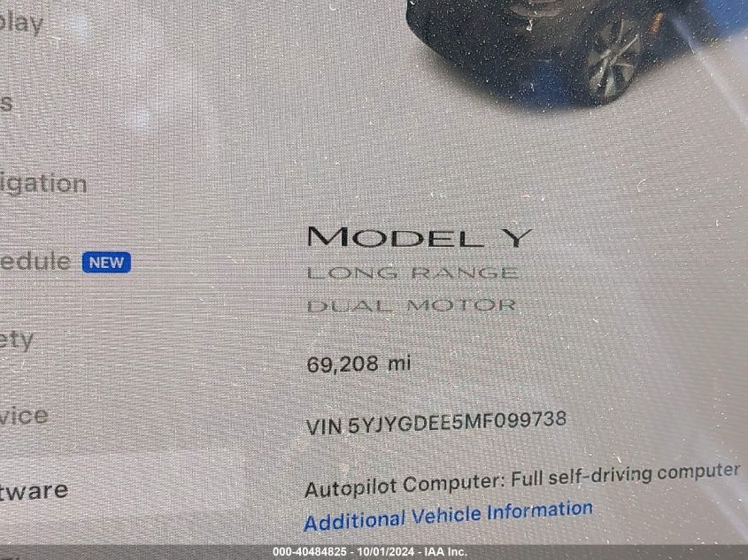 2021 Tesla Model Y Long Range Dual Motor All-Wheel Drive VIN: 5YJYGDEE5MF099738 Lot: 40484825