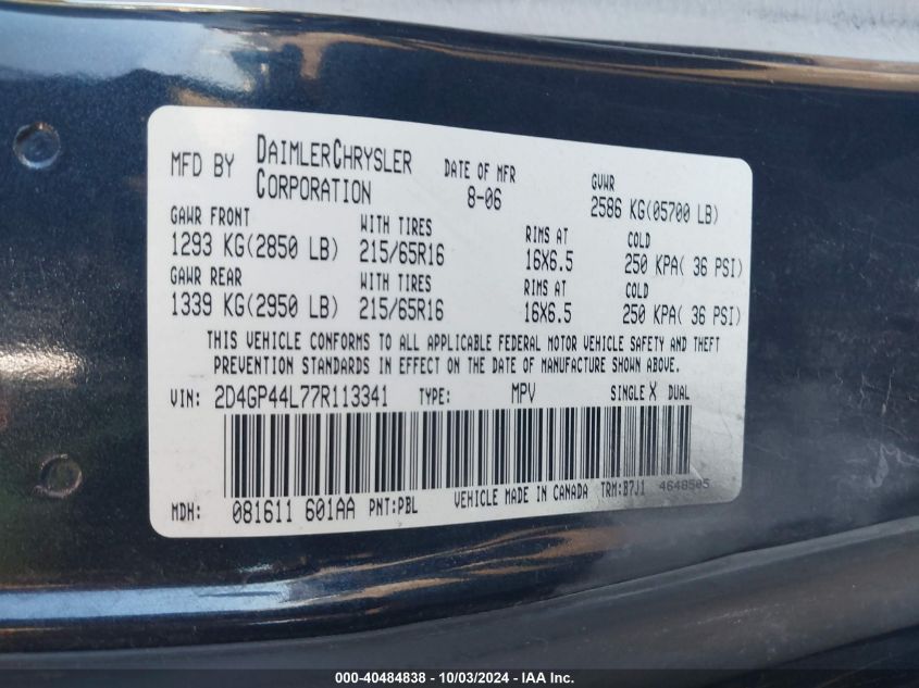 2007 Dodge Grand Caravan Sxt VIN: 2D4GP44L77R113341 Lot: 40484838