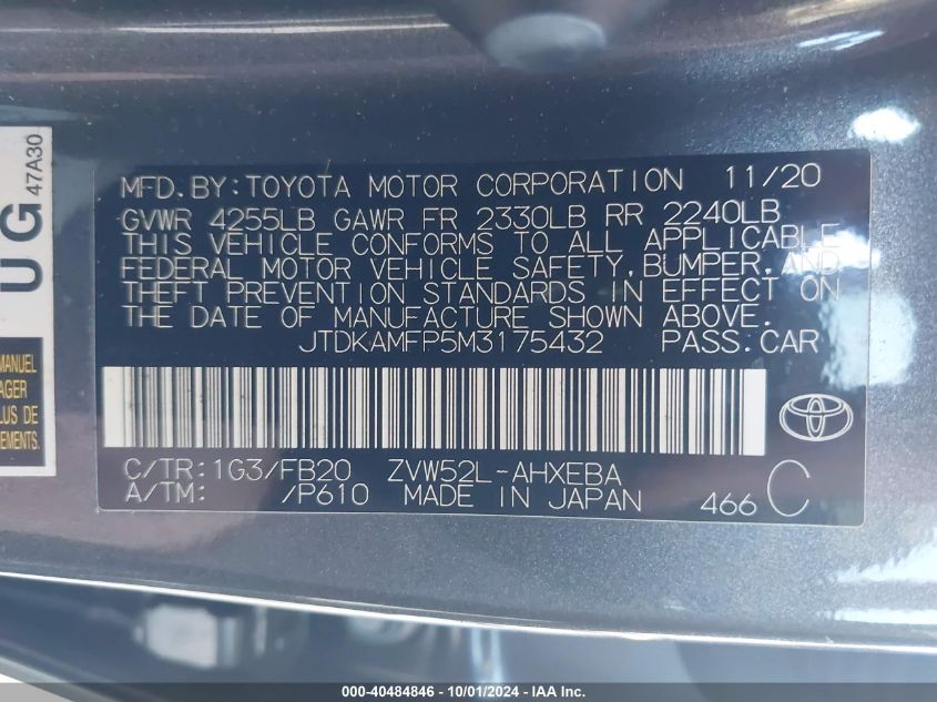 2021 Toyota Prius Prime Le/Xle/Limited VIN: JTDKAMFP5M3175432 Lot: 40484846