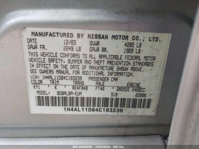 1N4AL11D84C183239 2004 Nissan Altima 2.5 S