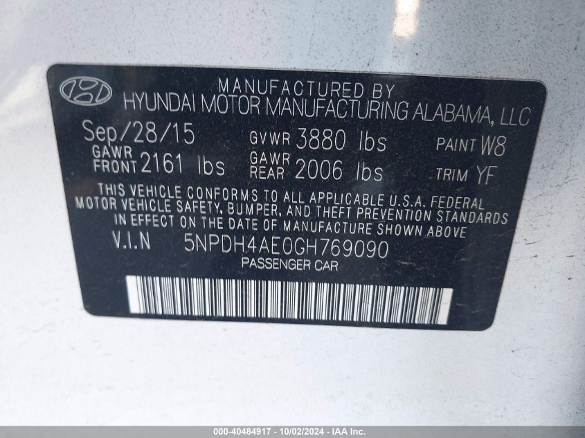 2016 Hyundai Elantra Se VIN: 5NPDH4AE0GH769090 Lot: 40484917