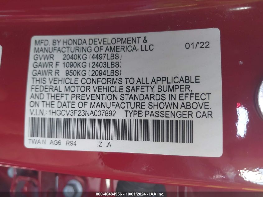 1HGCV3F23NA007892 2022 Honda Accord Hybrid Sport