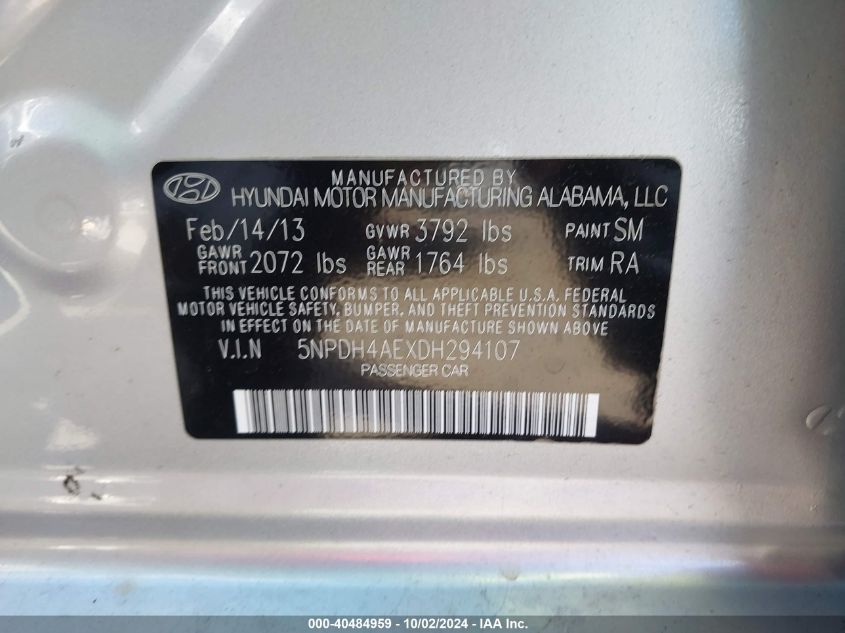 5NPDH4AEXDH294107 2013 Hyundai Elantra Gls