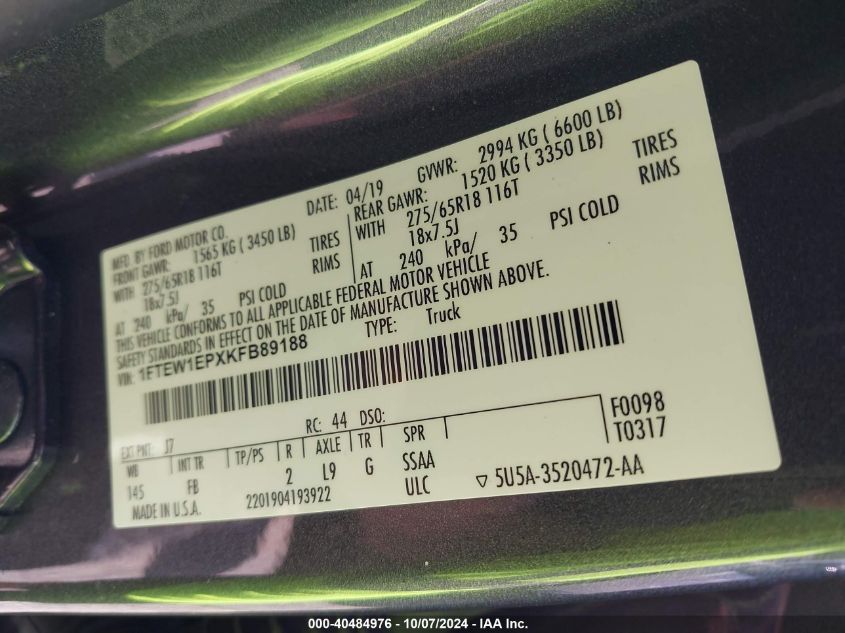 1FTEW1EPXKFB89188 2019 Ford F-150 Xlt