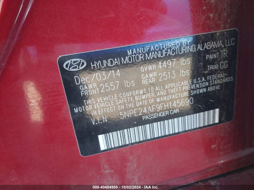 5NPE24AF9FH145690 2015 Hyundai Sonata Se