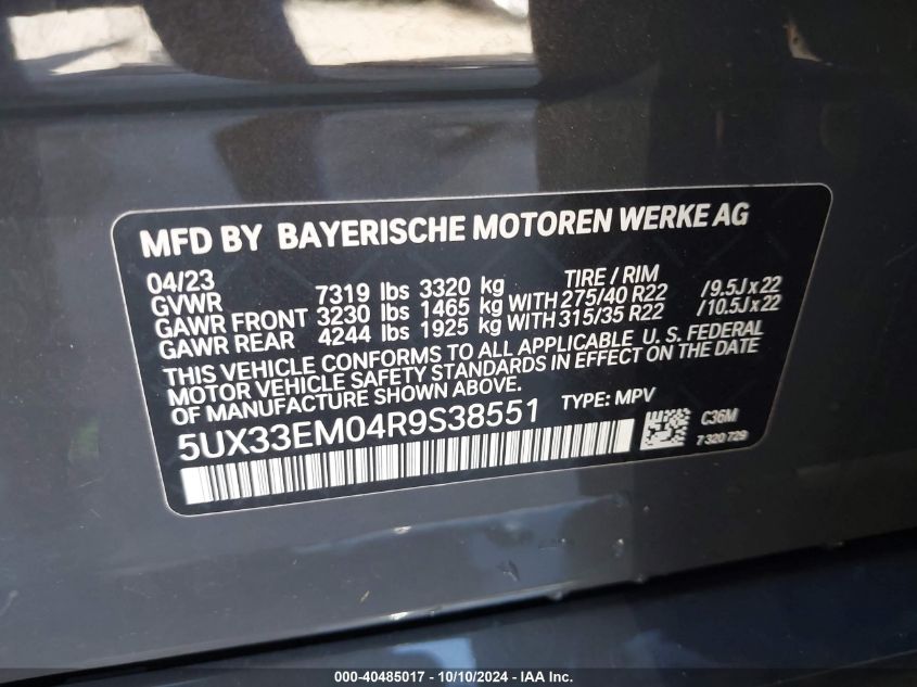 2024 BMW X7 M60I VIN: 5UX33EM04R9S38551 Lot: 40485017