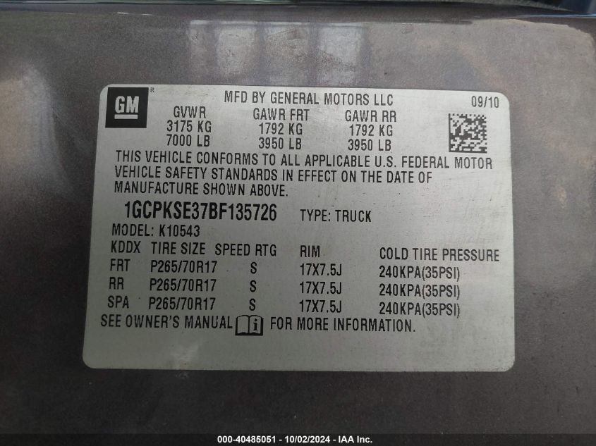 1GCPKSE37BF135726 2011 Chevrolet Silverado 1500 Lt