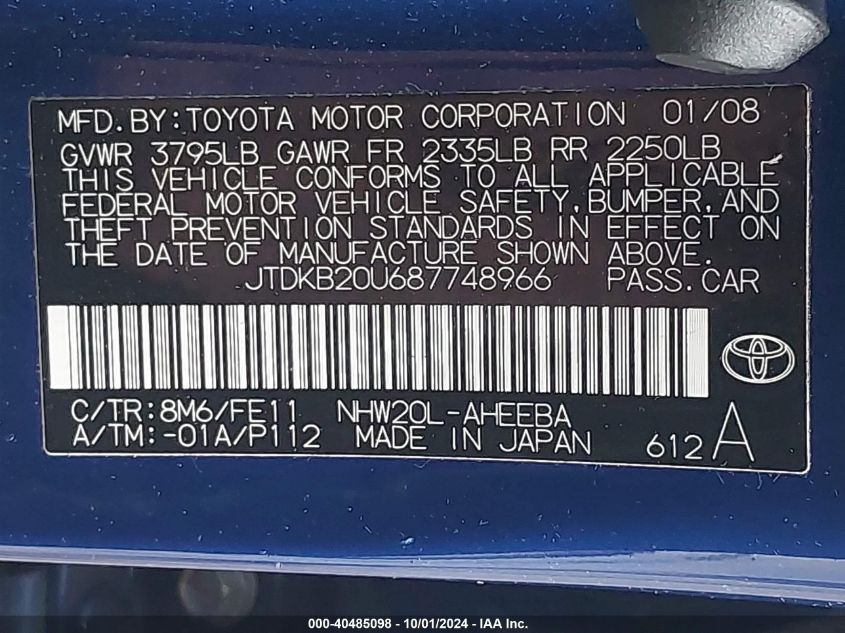 JTDKB20U687748966 2008 Toyota Prius