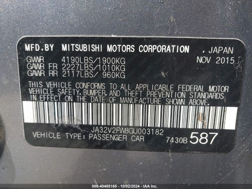 JA32V2FW8GU003182 2016 Mitsubishi Lancer Es