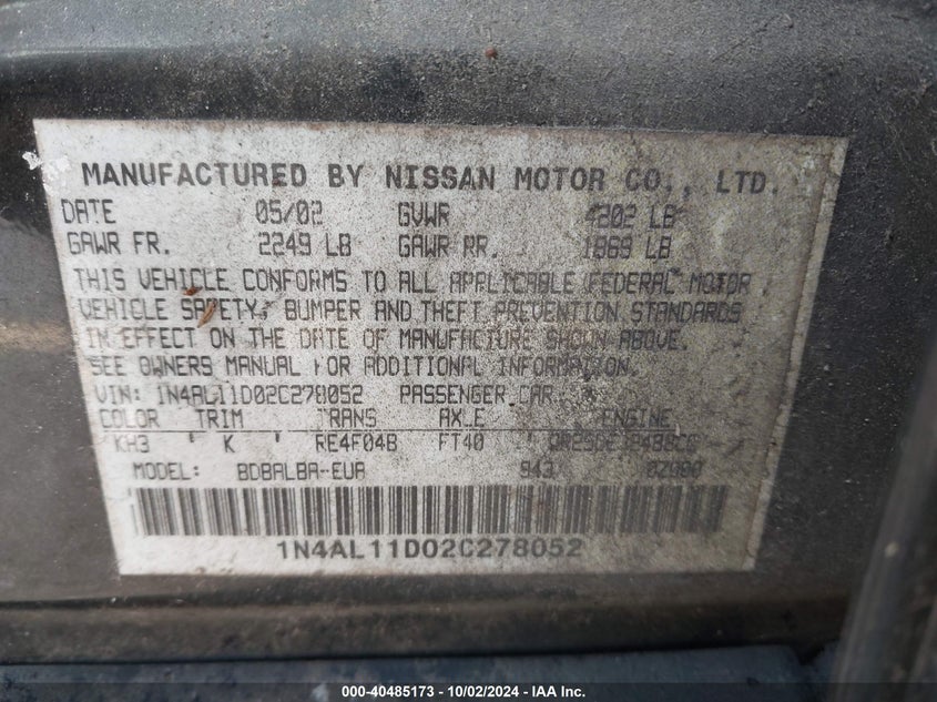 1N4AL11D02C278052 2002 Nissan Altima 2.5 S