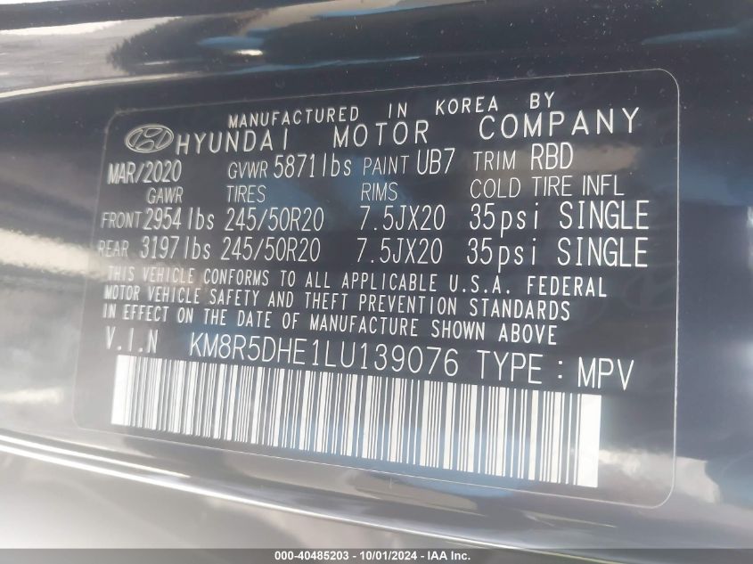 2020 Hyundai Palisade Limited VIN: KM8R5DHE1LU139076 Lot: 40485203