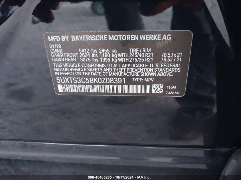 VIN 5UXTS3C58K0Z08391 2019 BMW X3, M40I no.9