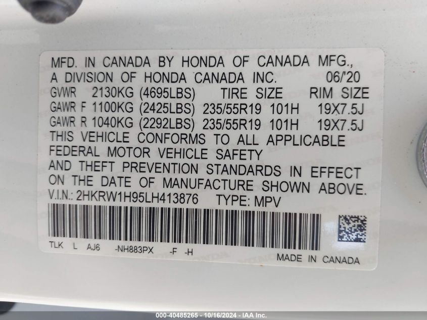 2020 Honda Cr-V 2Wd Touring VIN: 2HKRW1H95LH413876 Lot: 40485265