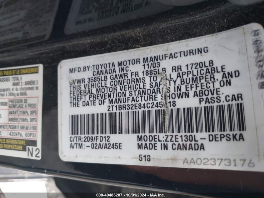 2004 Toyota Corolla S VIN: 2T1BR32E84C245018 Lot: 40485287