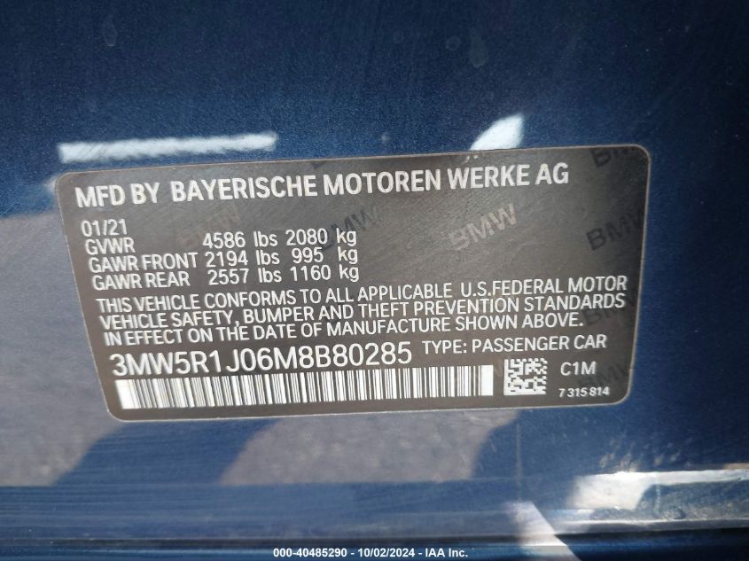 2021 BMW 330I VIN: 3MW5R1J06M8B80285 Lot: 40485290