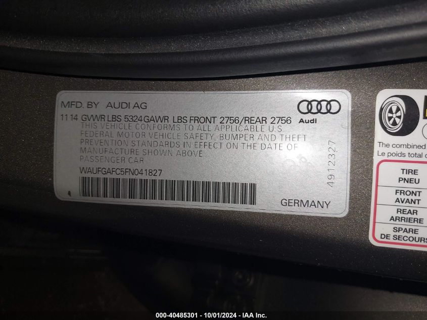 2015 Audi A6 3.0T Premium Plus VIN: WAUFGAFC5FN041827 Lot: 40485301