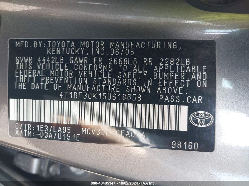 4T1BF30K15U618658 2005 Toyota Camry Xle V6