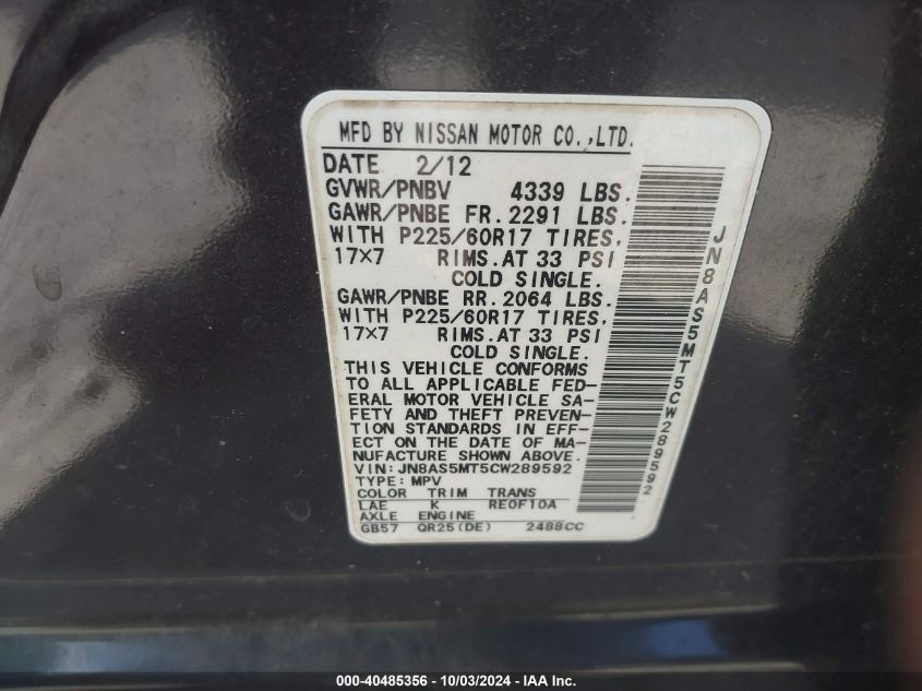 2012 Nissan Rogue Sv VIN: JN8AS5MT5CW289592 Lot: 40485356